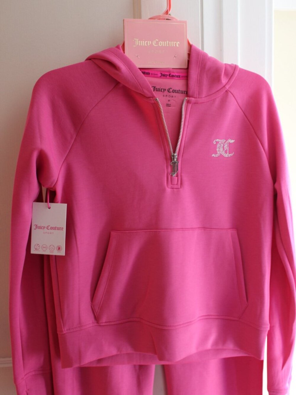 Juicy Couture Sport Hot Pink 2 Piece Tracksuit Rhinestone Hoodie Wide Leg Pants